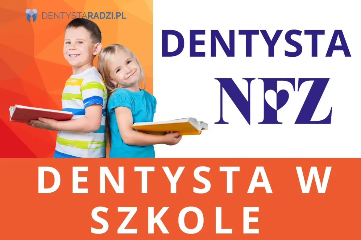 dwojka dzieci uczniow z ksiazkami z usmiechem i napis nfz dentysta w szkole czyli darmowe leczenie zebow dzieci refundowane w Polsce
